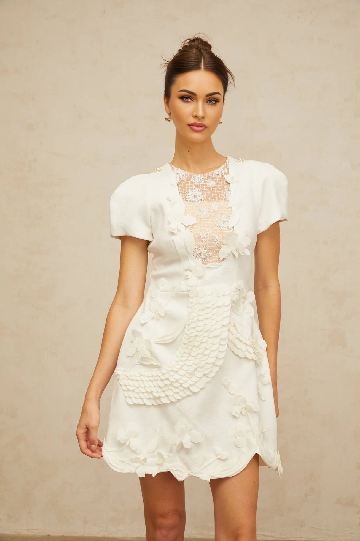 Teresa Mini Dress White Floral - Applique Puff