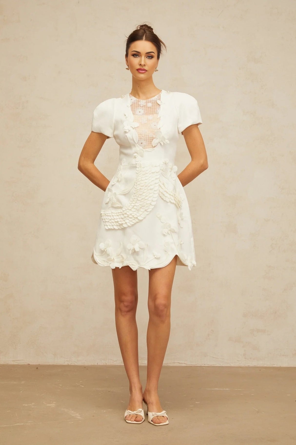Teresa Mini Dress White Floral - Applique Puff