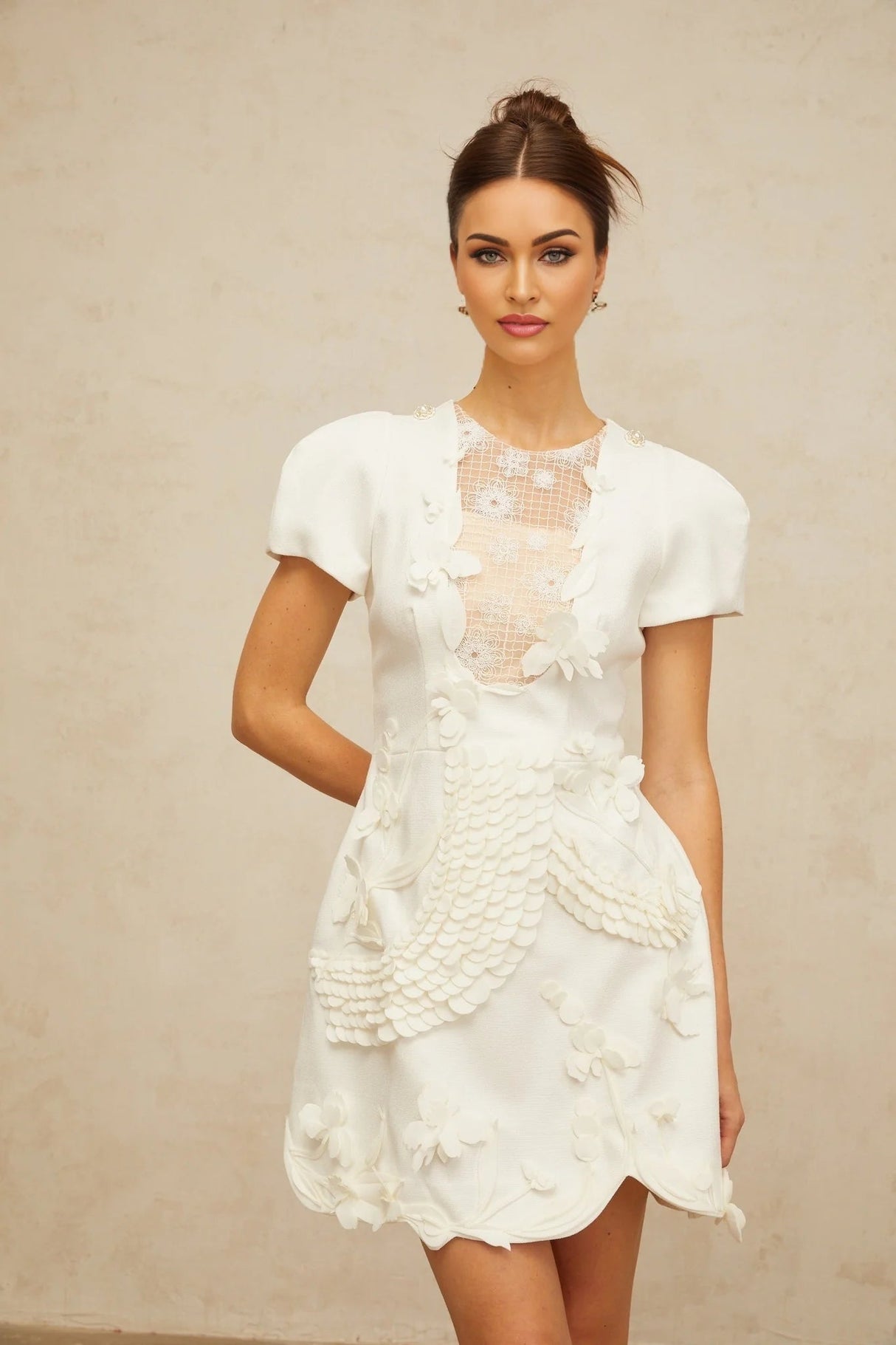 Teresa Mini Dress White Floral - Applique Puff