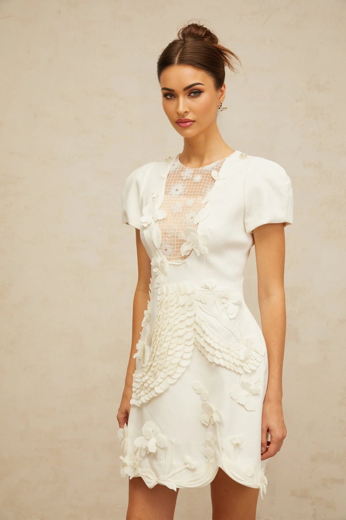 Teresa Mini Dress White Floral - Applique Puff