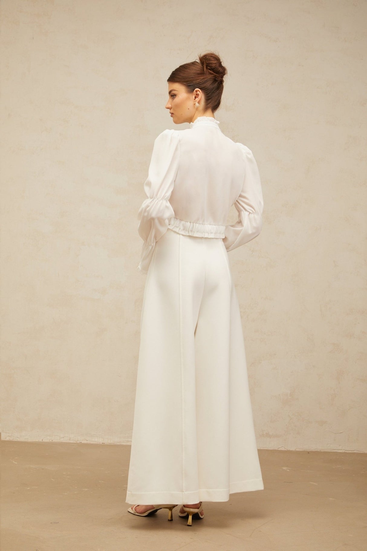 Teresa Shirt White Bowknot Ruffled & Shirred Panel