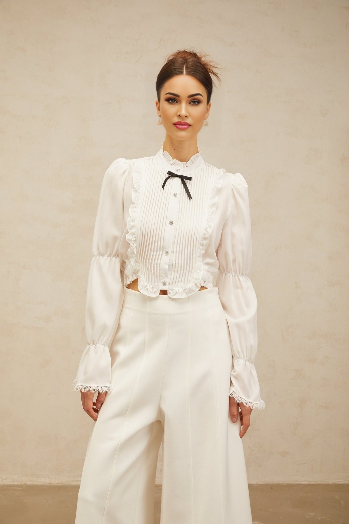 Teresa Shirt White Bowknot Ruffled & Shirred Panel