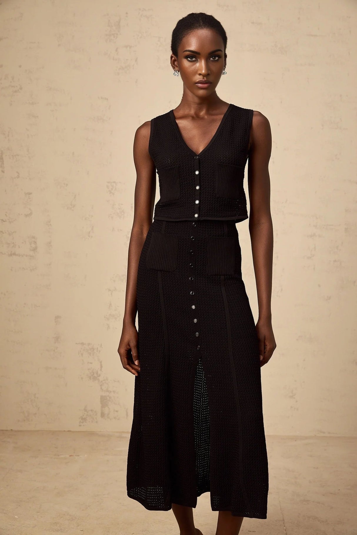 Teresa Top & Skirt Set Black Pointelle Knit