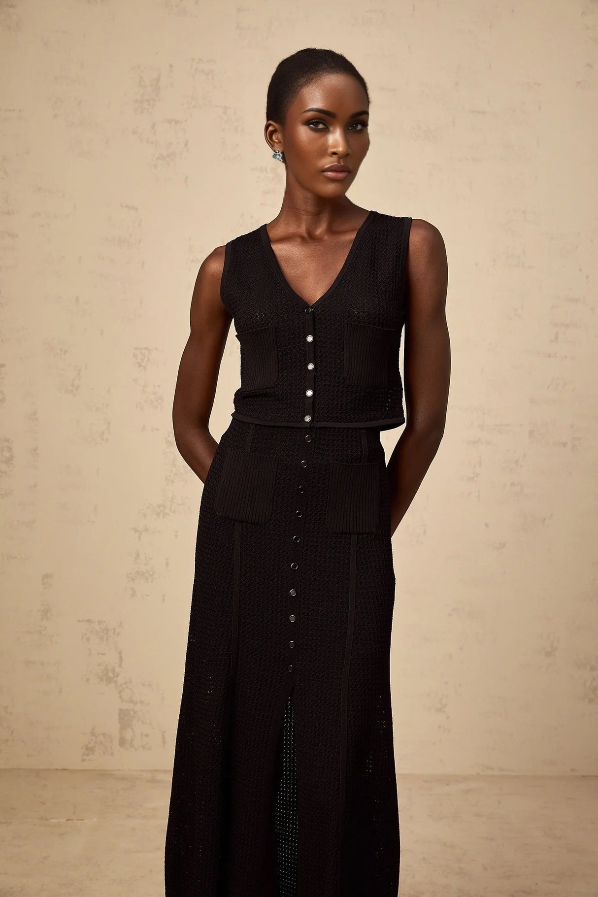 Teresa Top & Skirt Set Black Pointelle Knit