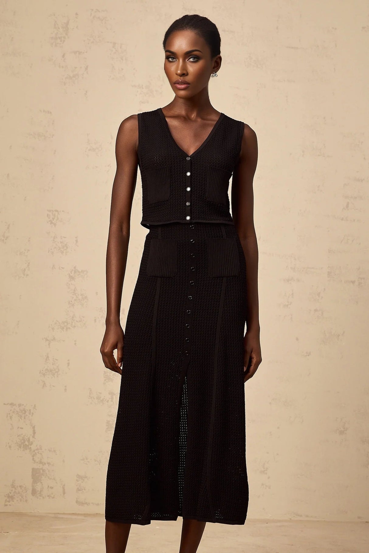 Teresa Top & Skirt Set Black Pointelle Knit