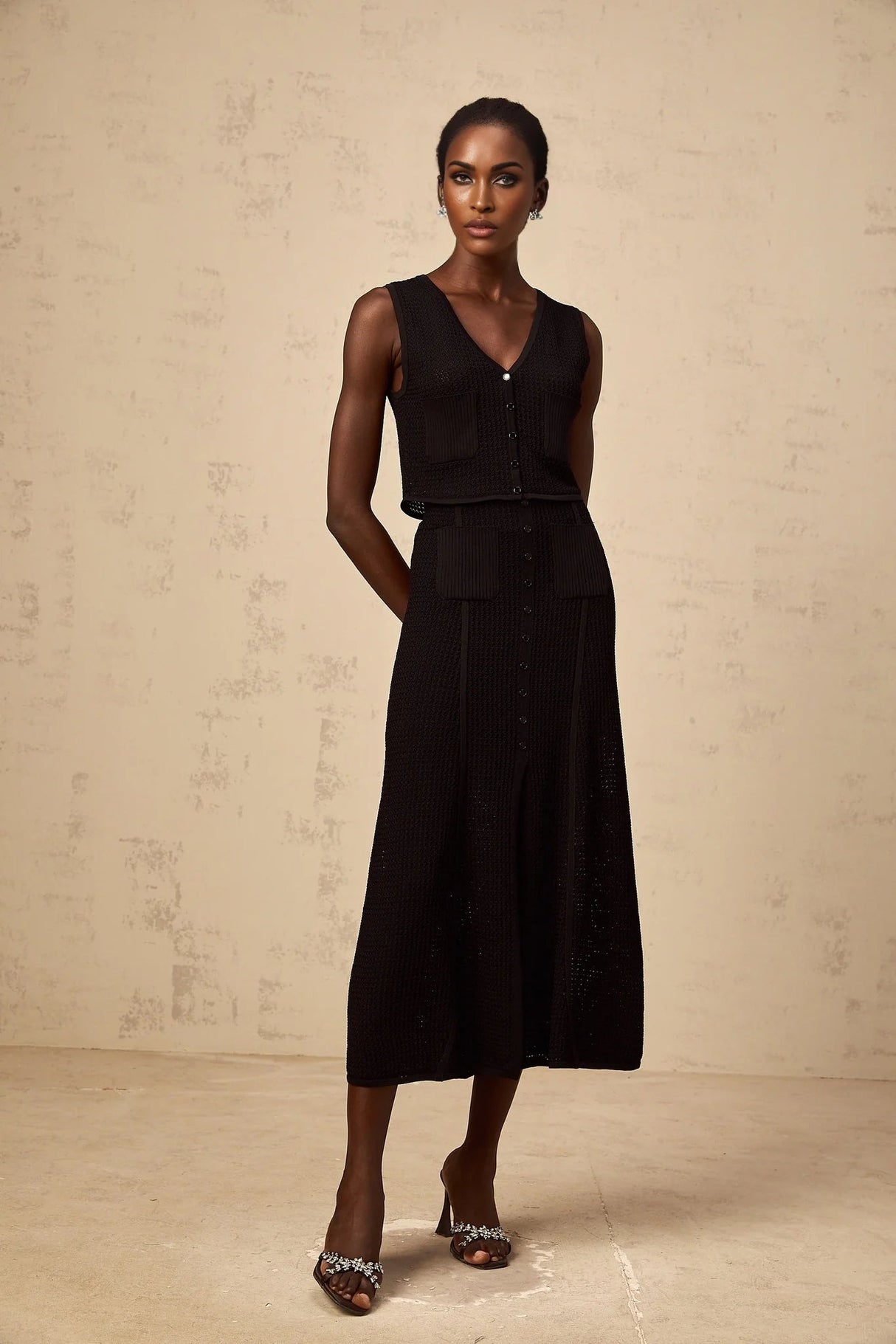 Teresa Top & Skirt Set Black Pointelle Knit