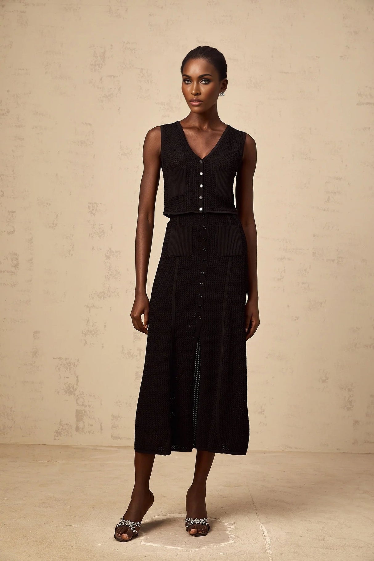 Teresa Top & Skirt Set Black Pointelle Knit