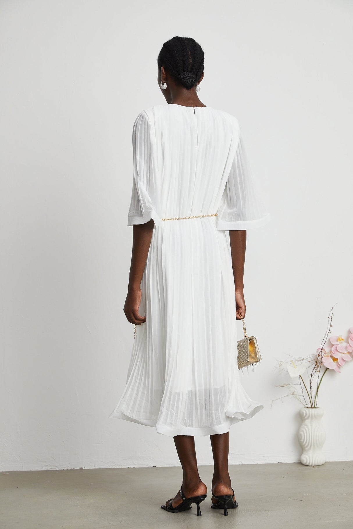 Teresina Midi Dress Flared Sleeves White Pleated ALine Hem & Belt