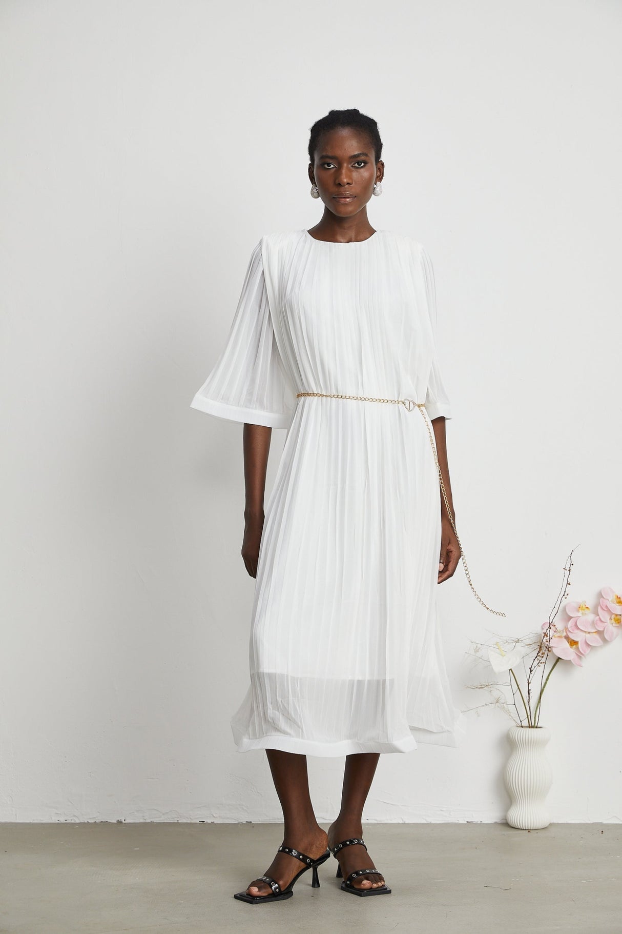 Teresina Midi Dress Flared Sleeves White Pleated ALine Hem & Belt