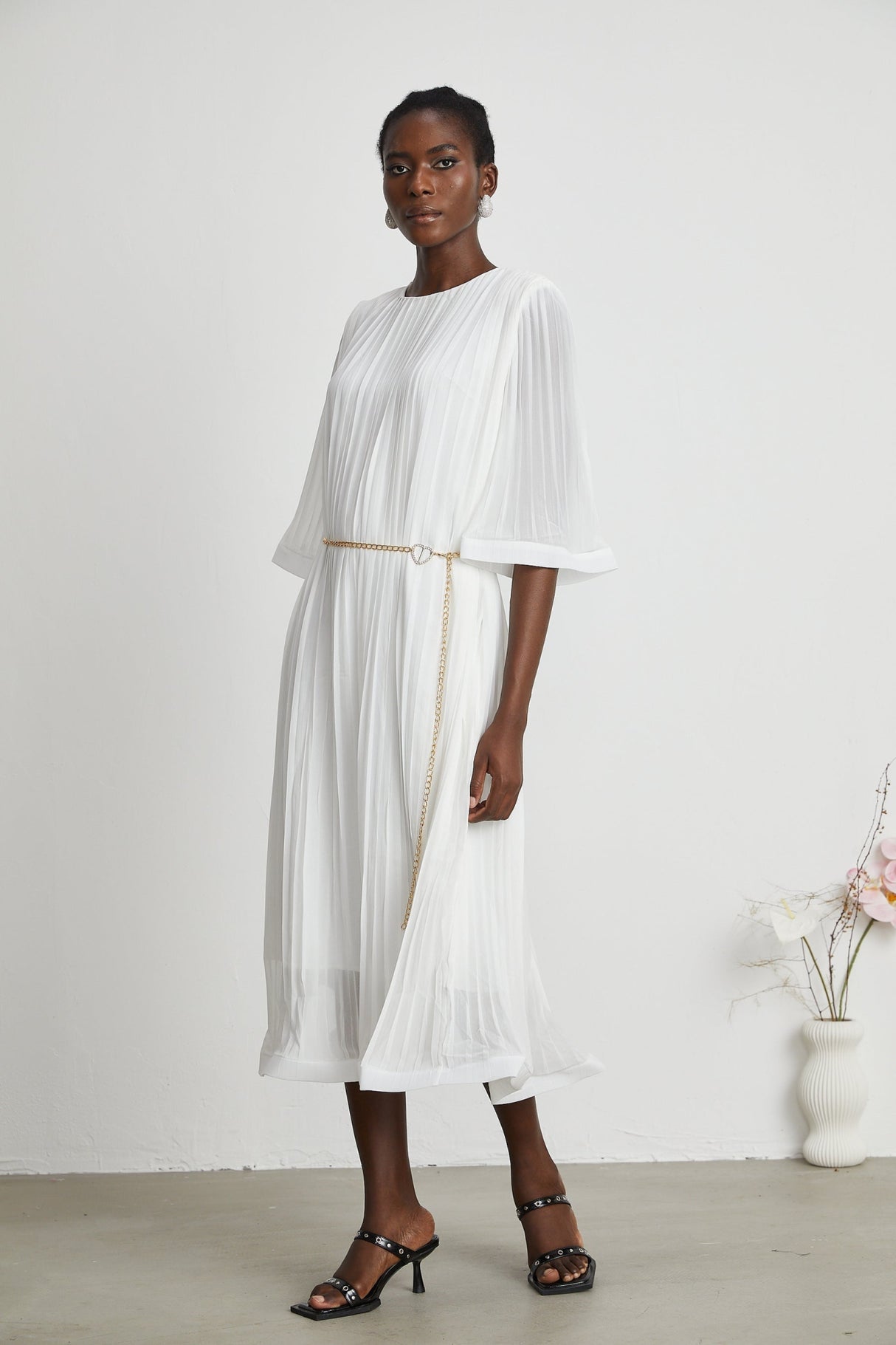 Teresina Midi Dress Flared Sleeves White Pleated ALine Hem & Belt