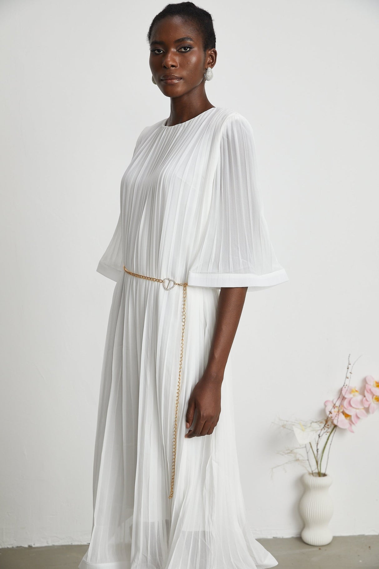 Teresina Midi Dress Flared Sleeves White Pleated ALine Hem & Belt
