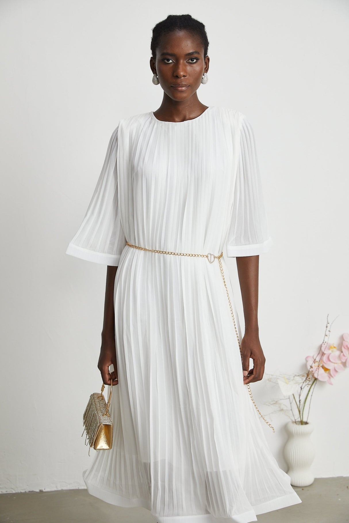 Teresina Midi Dress Flared Sleeves White Pleated ALine Hem & Belt