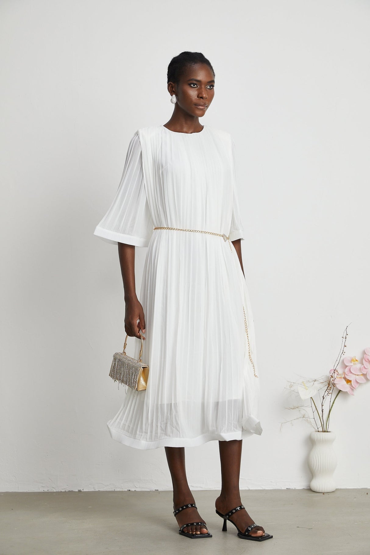 Teresina Midi Dress Flared Sleeves White Pleated ALine Hem & Belt