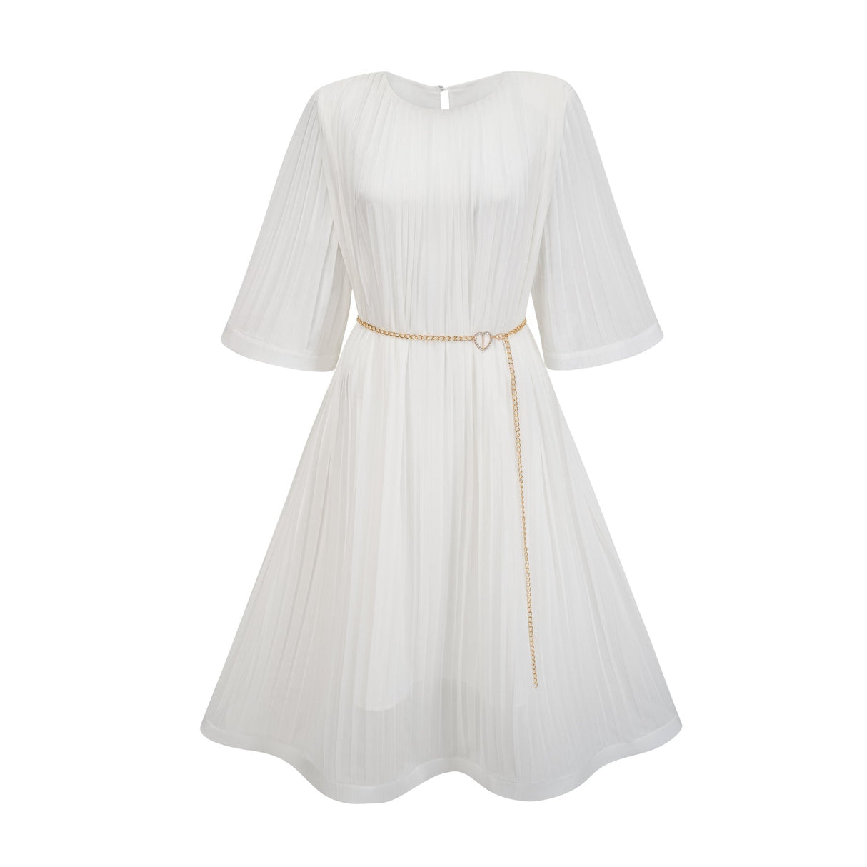 Teresina Midi Dress Flared Sleeves White Pleated ALine Hem & Belt
