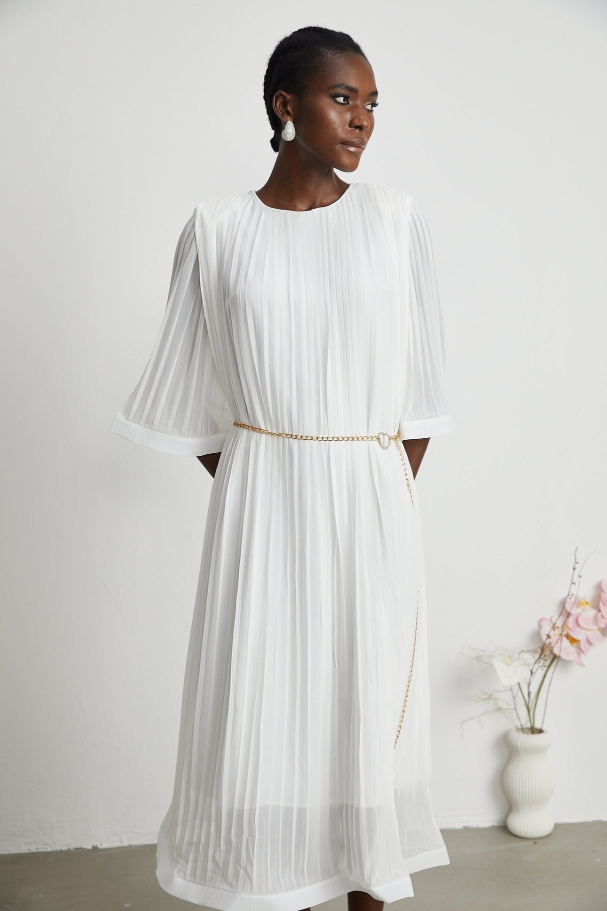Teresina Midi Dress Flared Sleeves White Pleated ALine Hem & Belt