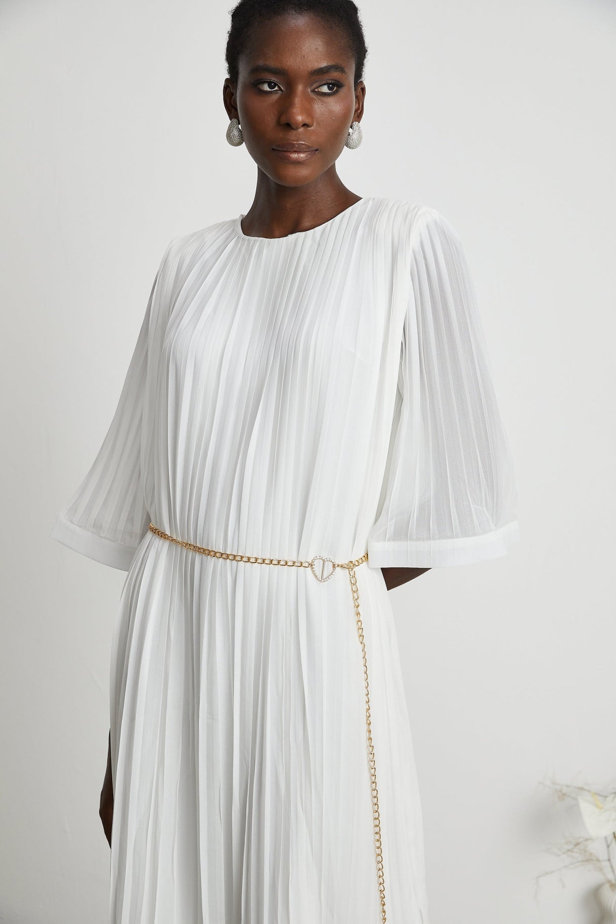 Teresina Midi Dress Flared Sleeves White Pleated ALine Hem & Belt