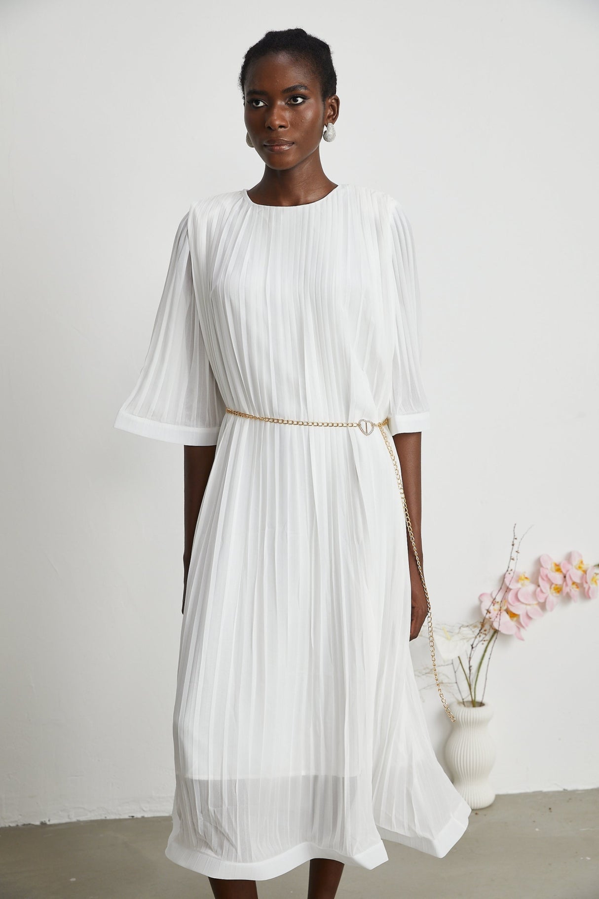 Teresina Midi Dress Flared Sleeves White Pleated ALine Hem & Belt