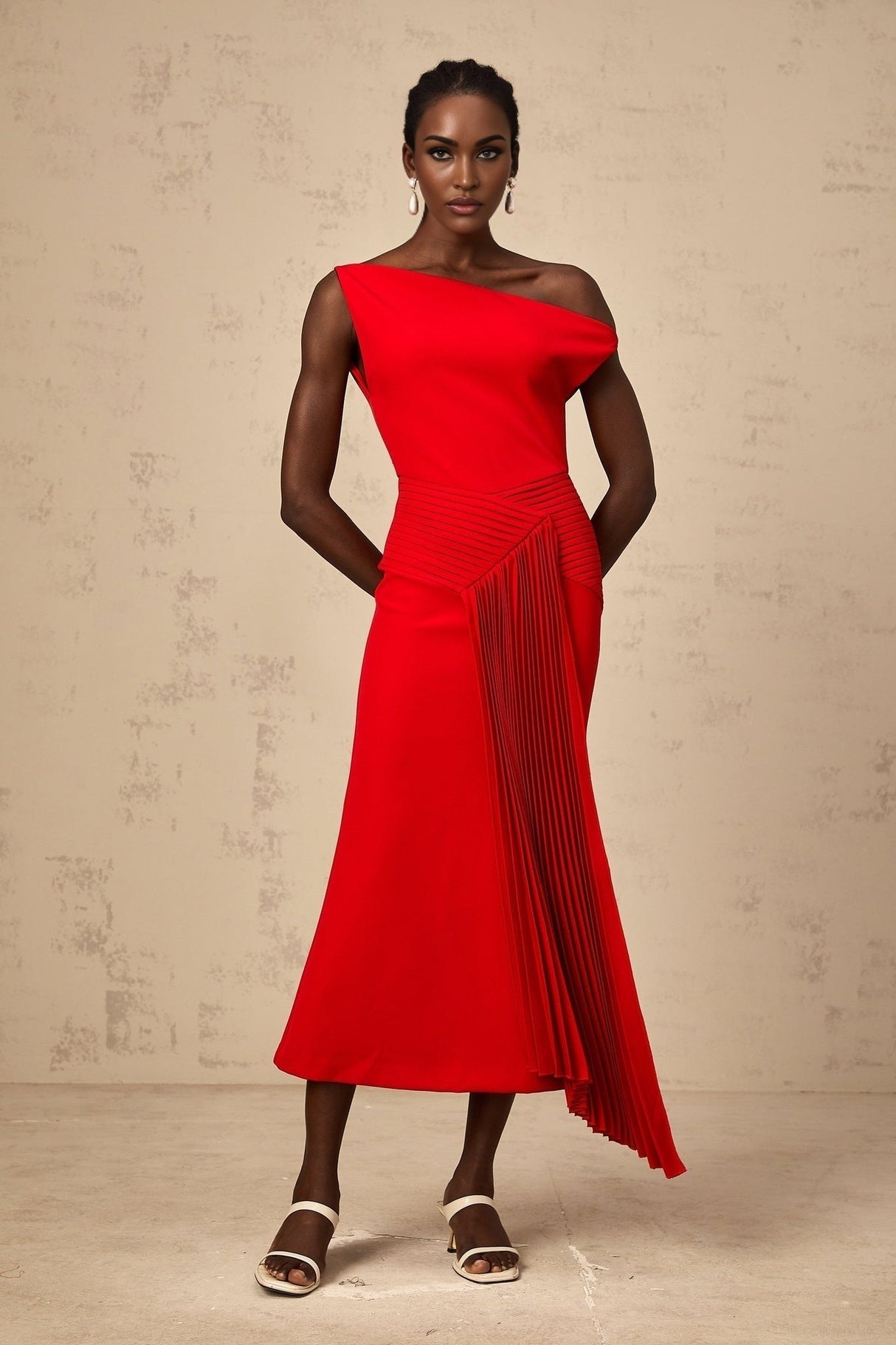 Teresina Midi Dress Red One Shoulder Asymmetric Pleated Draped