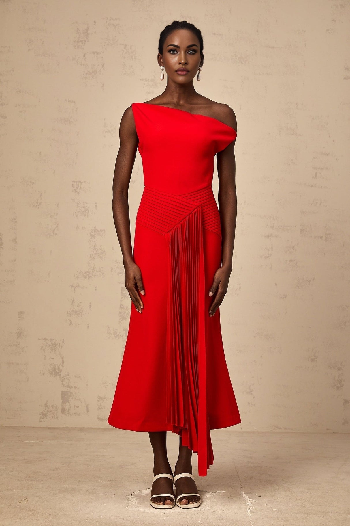 Teresina Midi Dress Red One Shoulder Asymmetric Pleated Draped