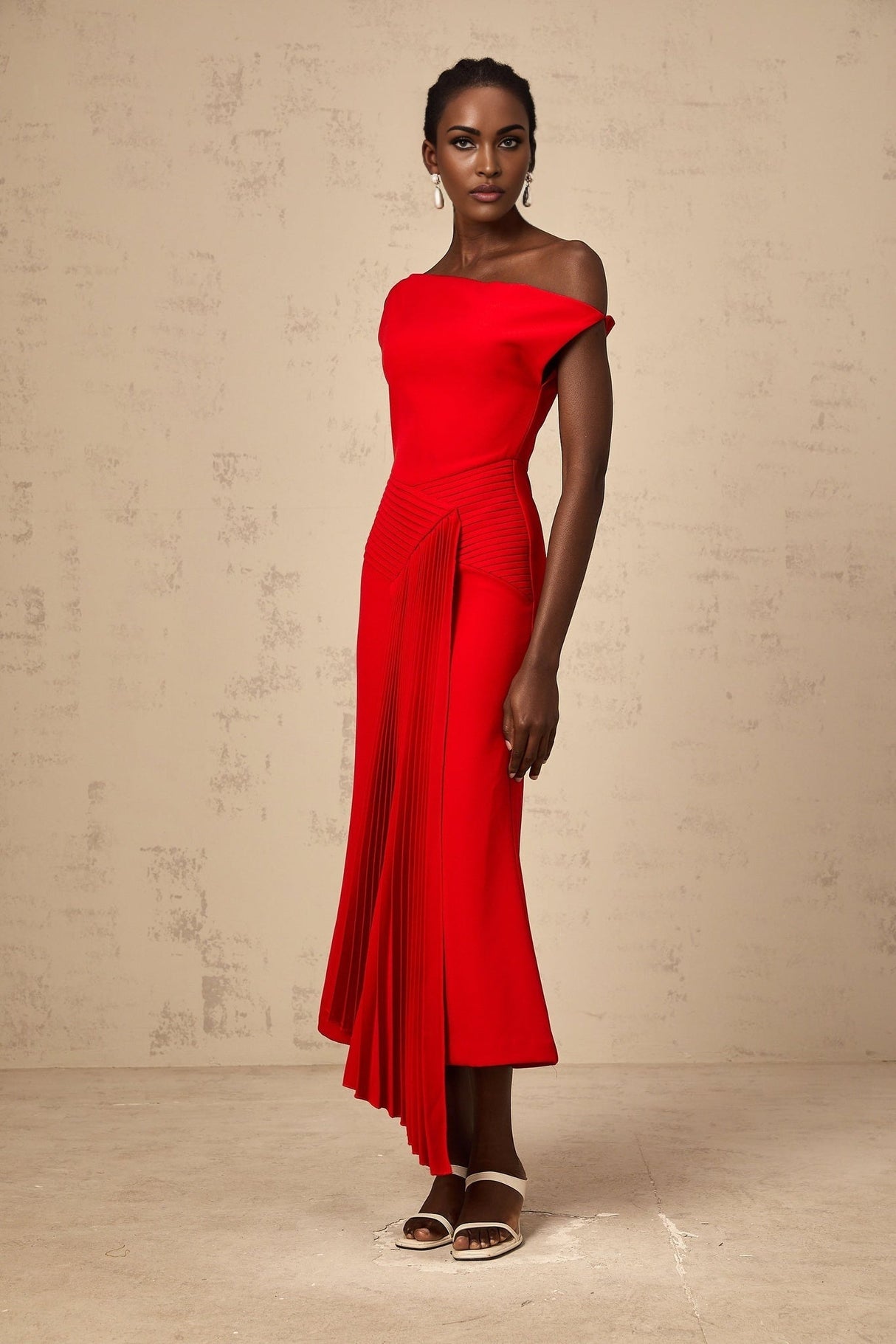 Teresina Midi Dress Red One Shoulder Asymmetric Pleated Draped