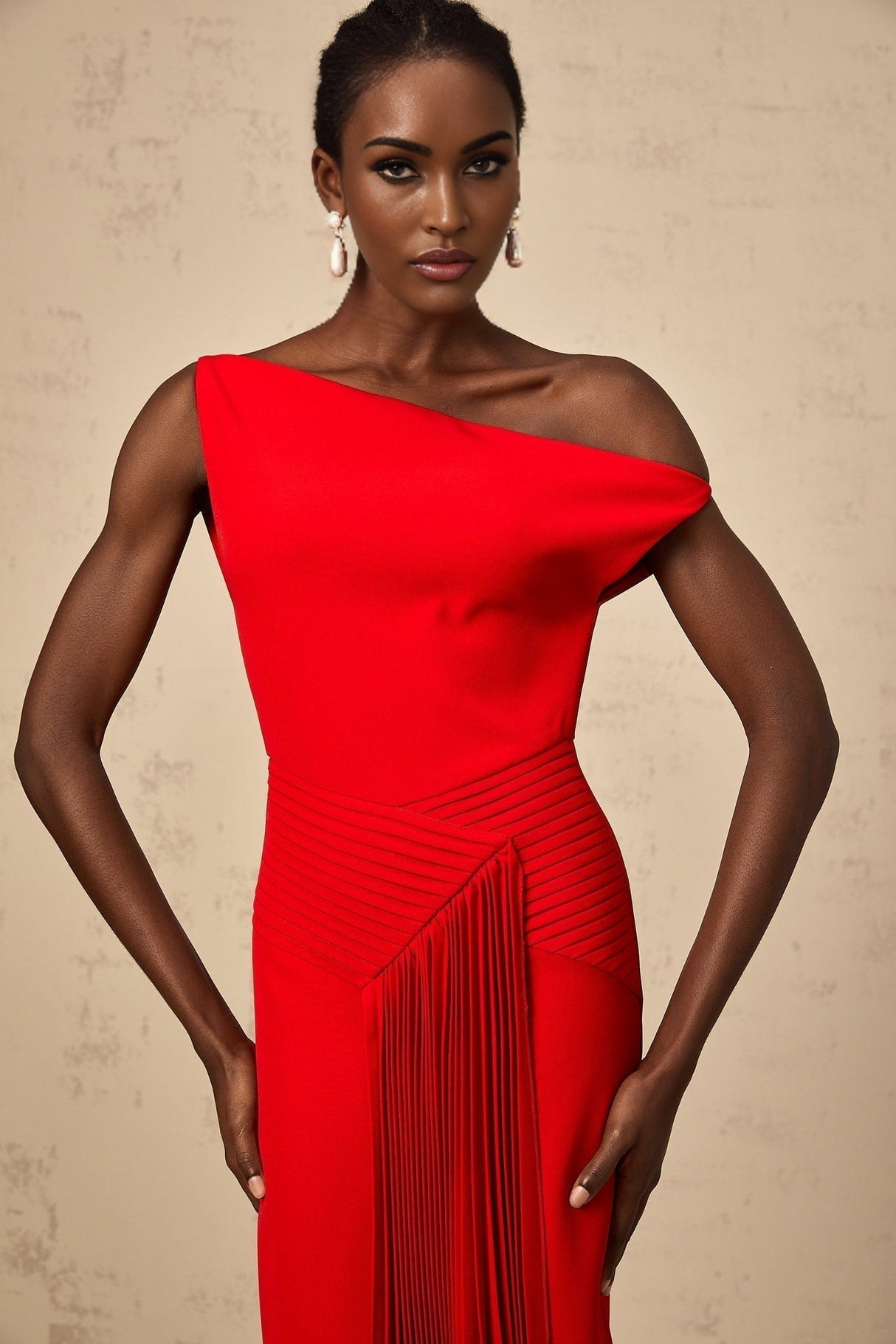 Teresina Midi Dress Red One Shoulder Asymmetric Pleated Draped