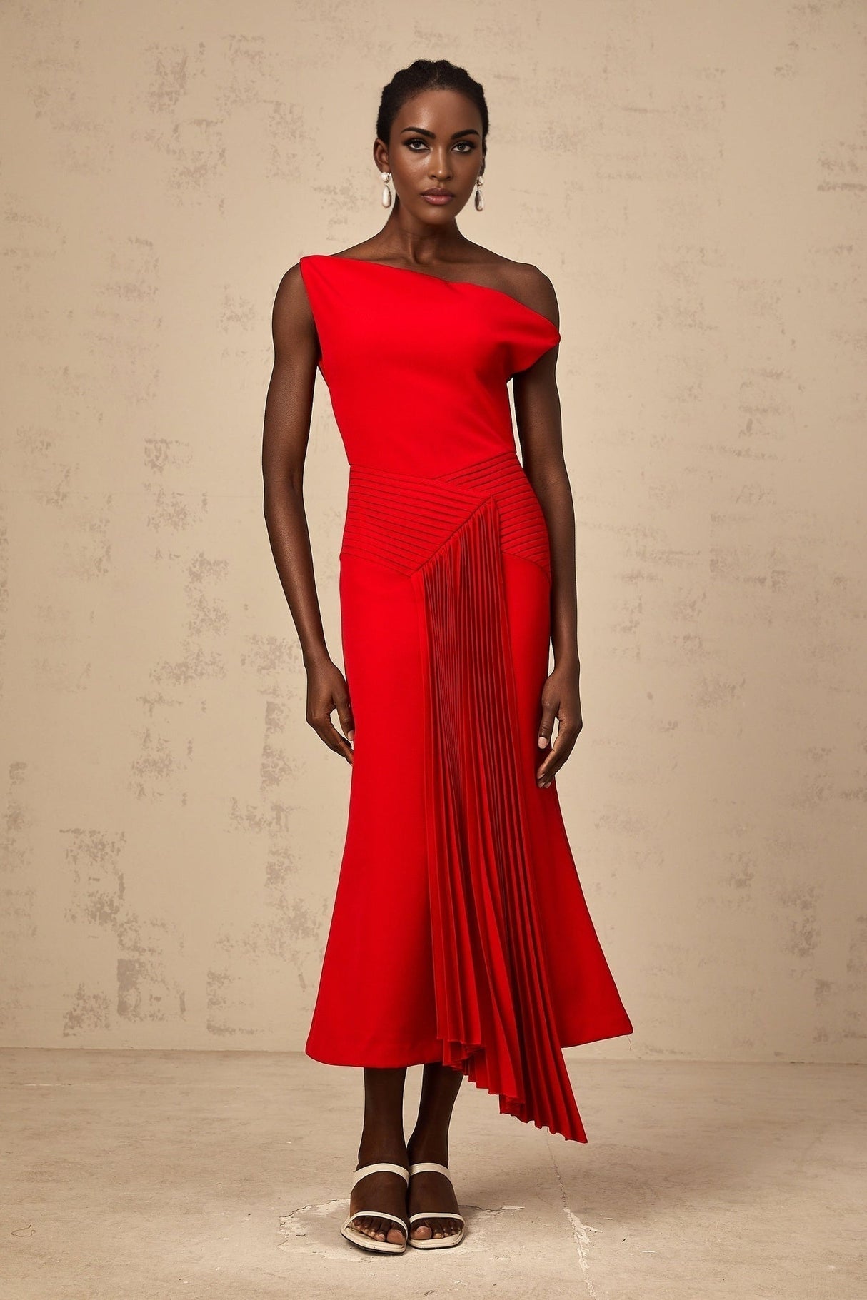 Teresina Midi Dress Red One Shoulder Asymmetric Pleated Draped
