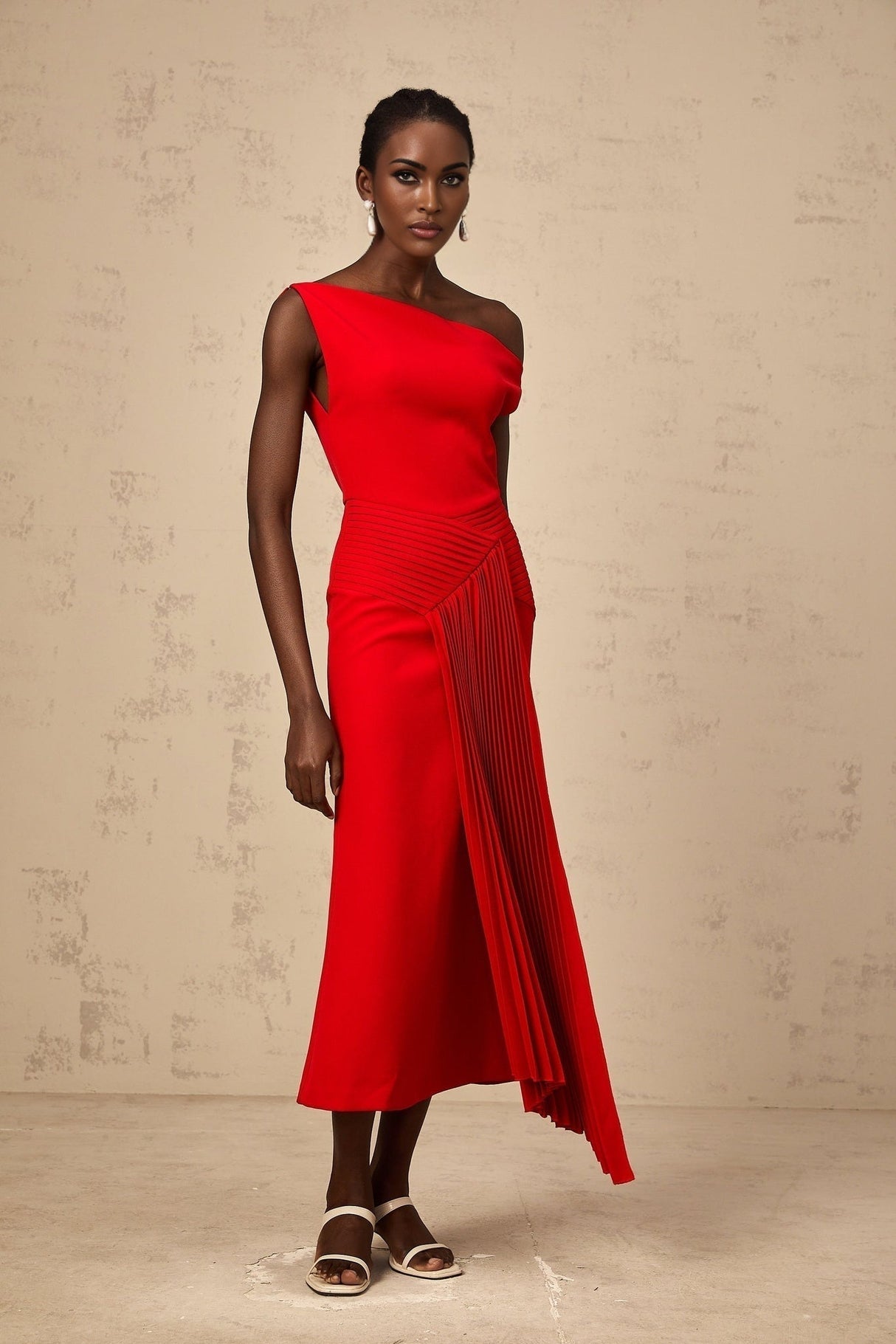 Teresina Midi Dress Red One Shoulder Asymmetric Pleated Draped