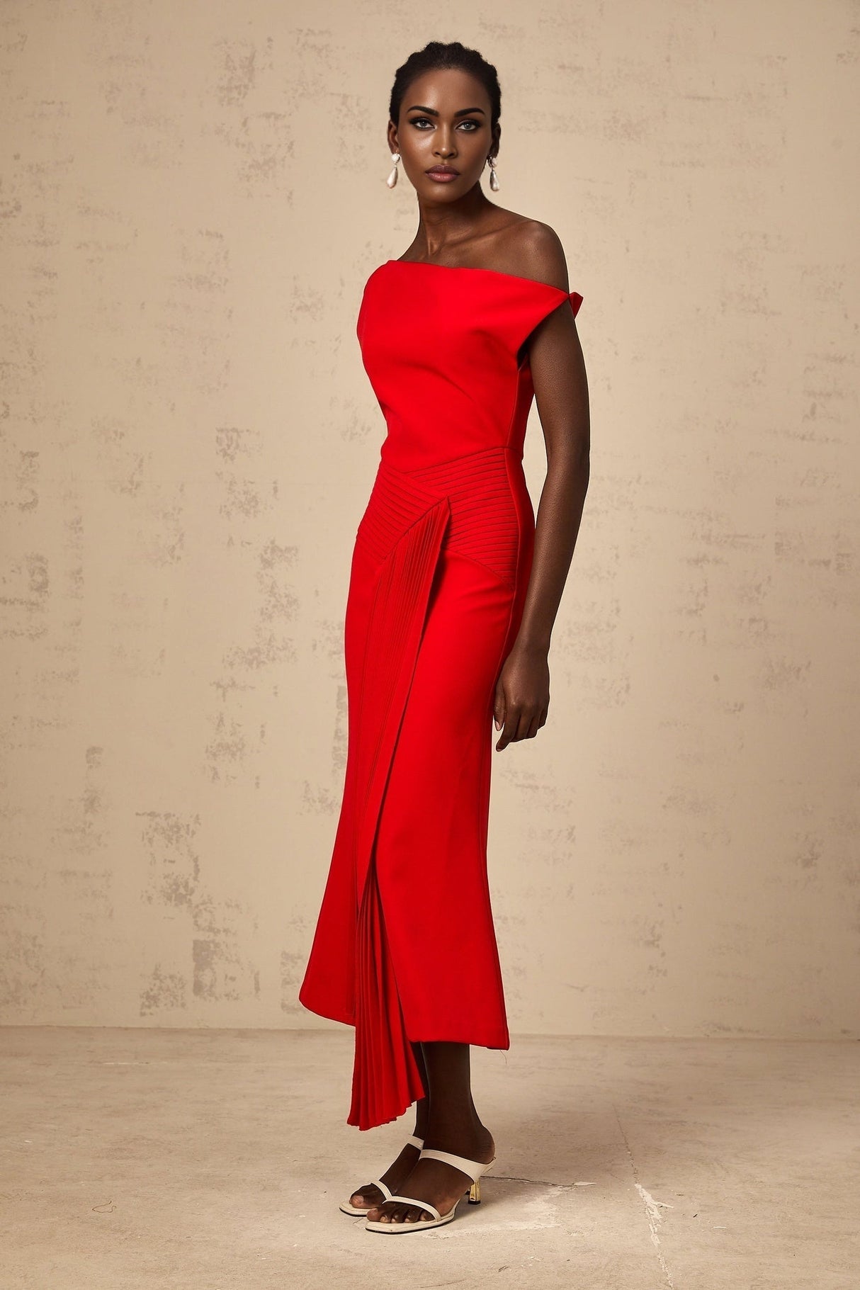 Teresina Midi Dress Red One Shoulder Asymmetric Pleated Draped