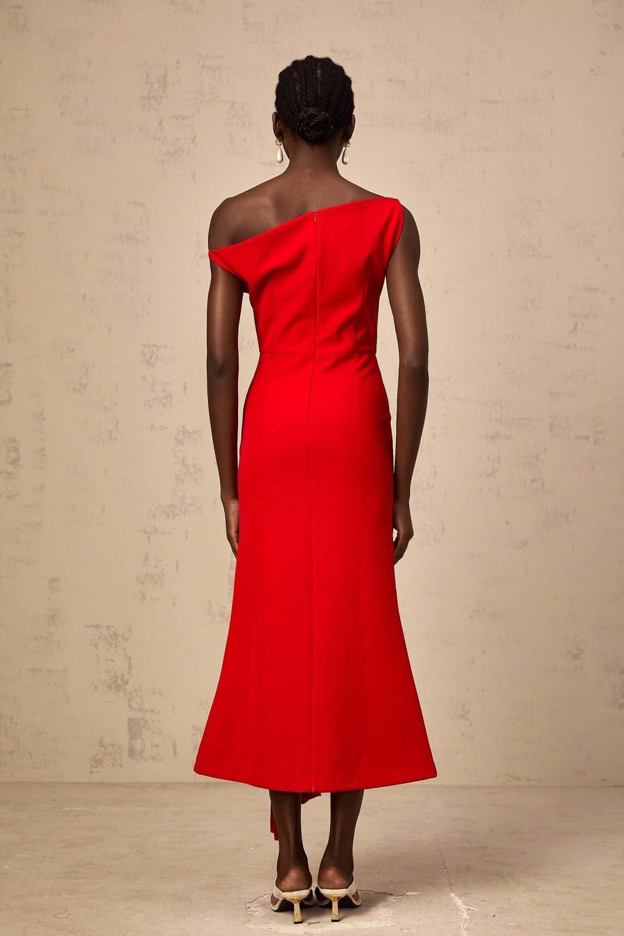 Teresina Midi Dress Red One Shoulder Asymmetric Pleated Draped