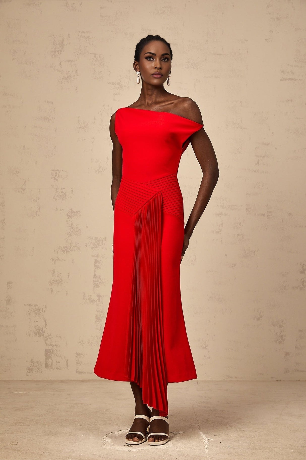 Teresina Midi Dress Red One Shoulder Asymmetric Pleated Draped