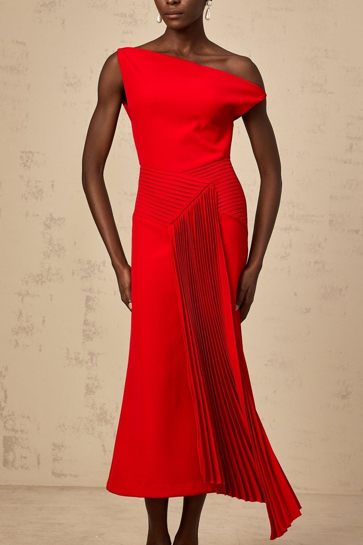 Teresina Midi Dress Red One Shoulder Asymmetric Pleated Draped