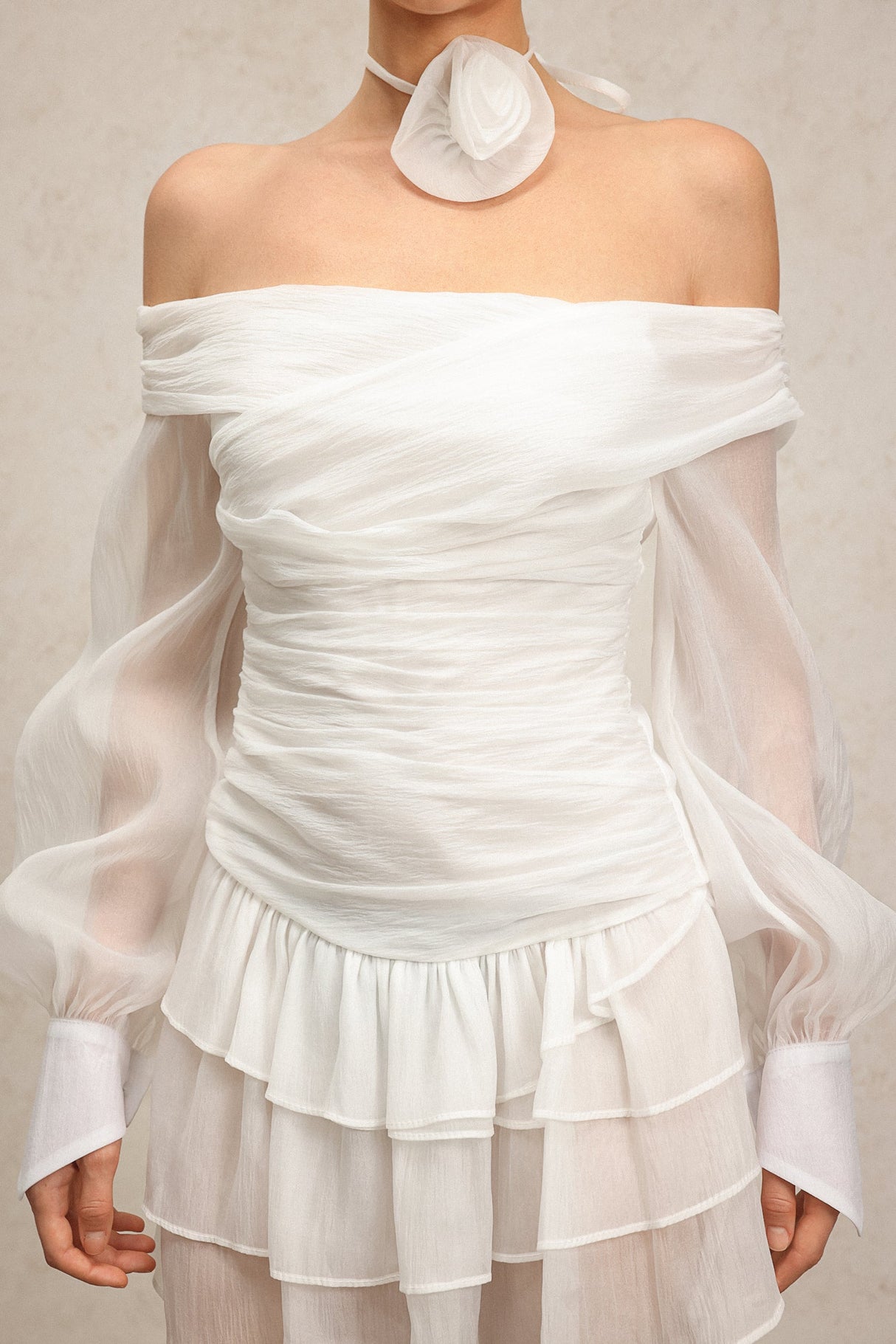 Teresina White Off-Shoulder Mini Dress with Flowy Long Sleeves and Ruched Waist