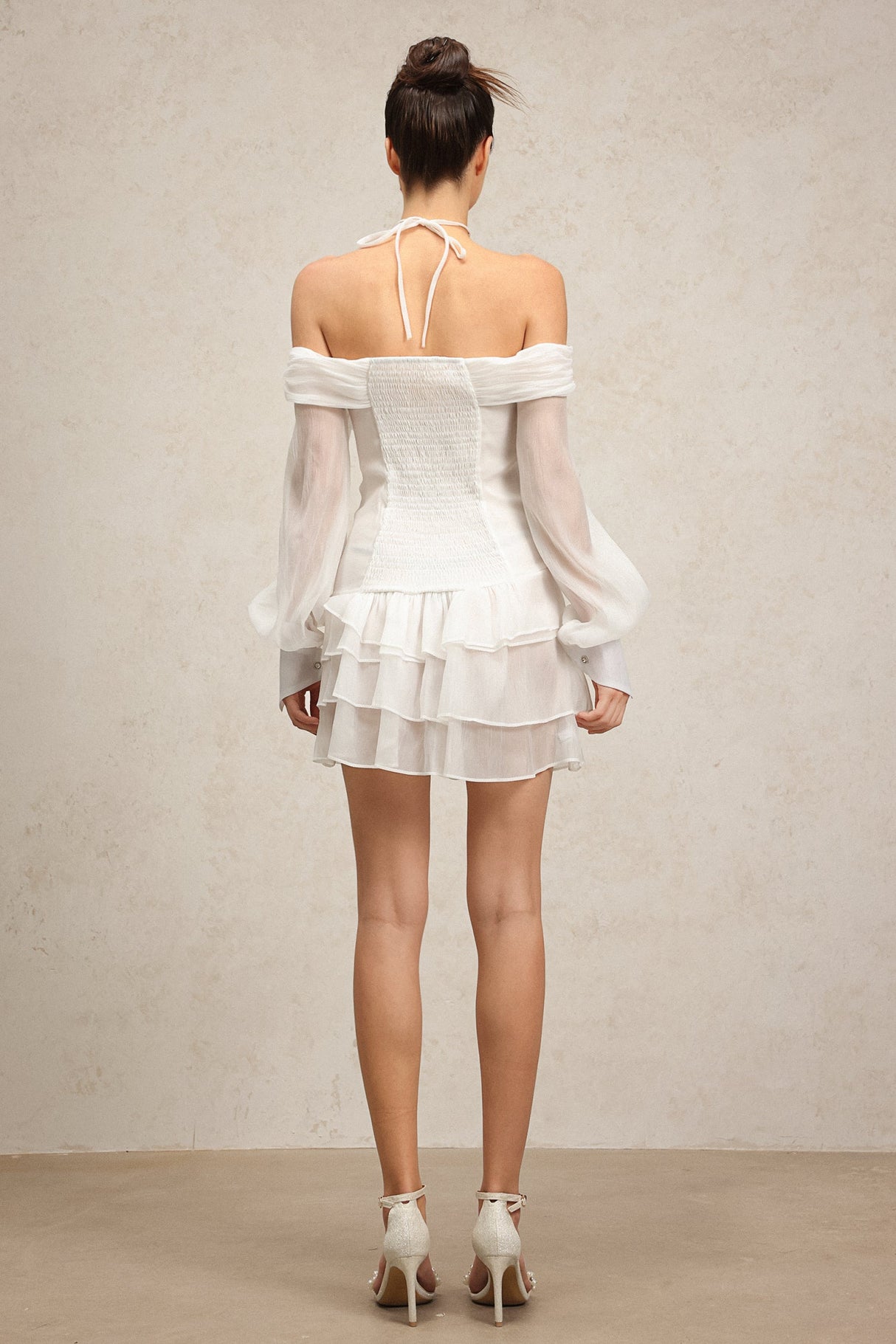 Teresina White Off-Shoulder Mini Dress with Flowy Sleeves and Ruched Waist for Garden Parties and Evening Events