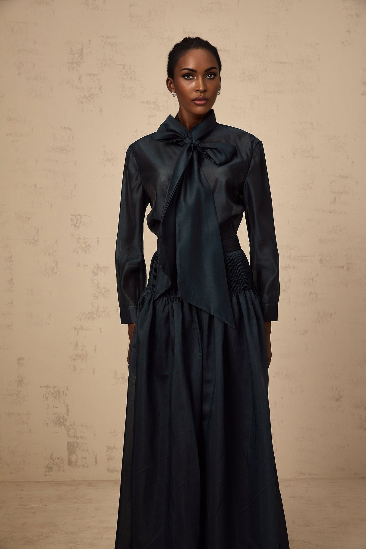 Tessa Shirt & Skirt Ribbon Tie Neck Green Maxi Set