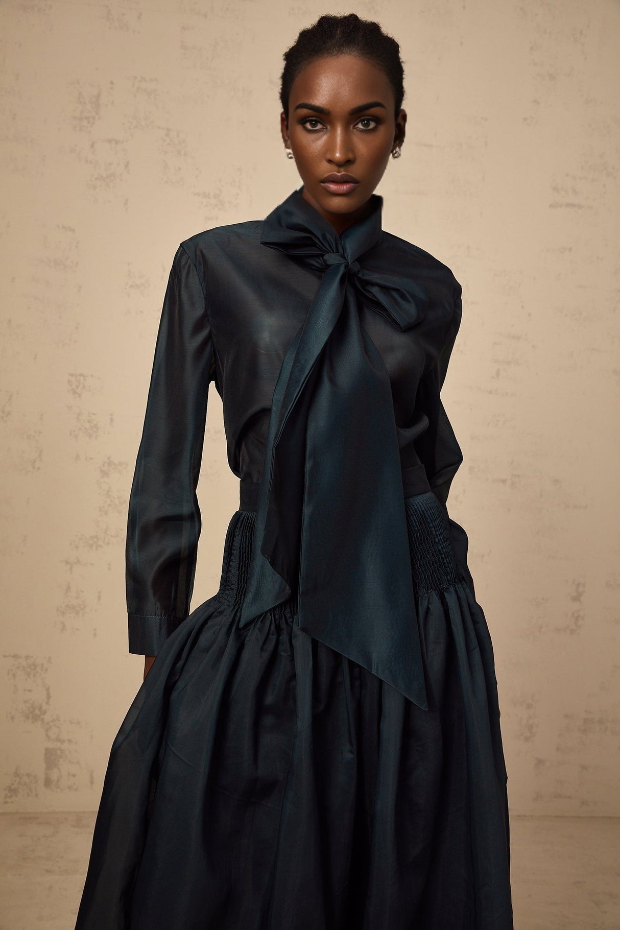 Tessa Shirt & Skirt Ribbon Tie Neck Green Maxi Set