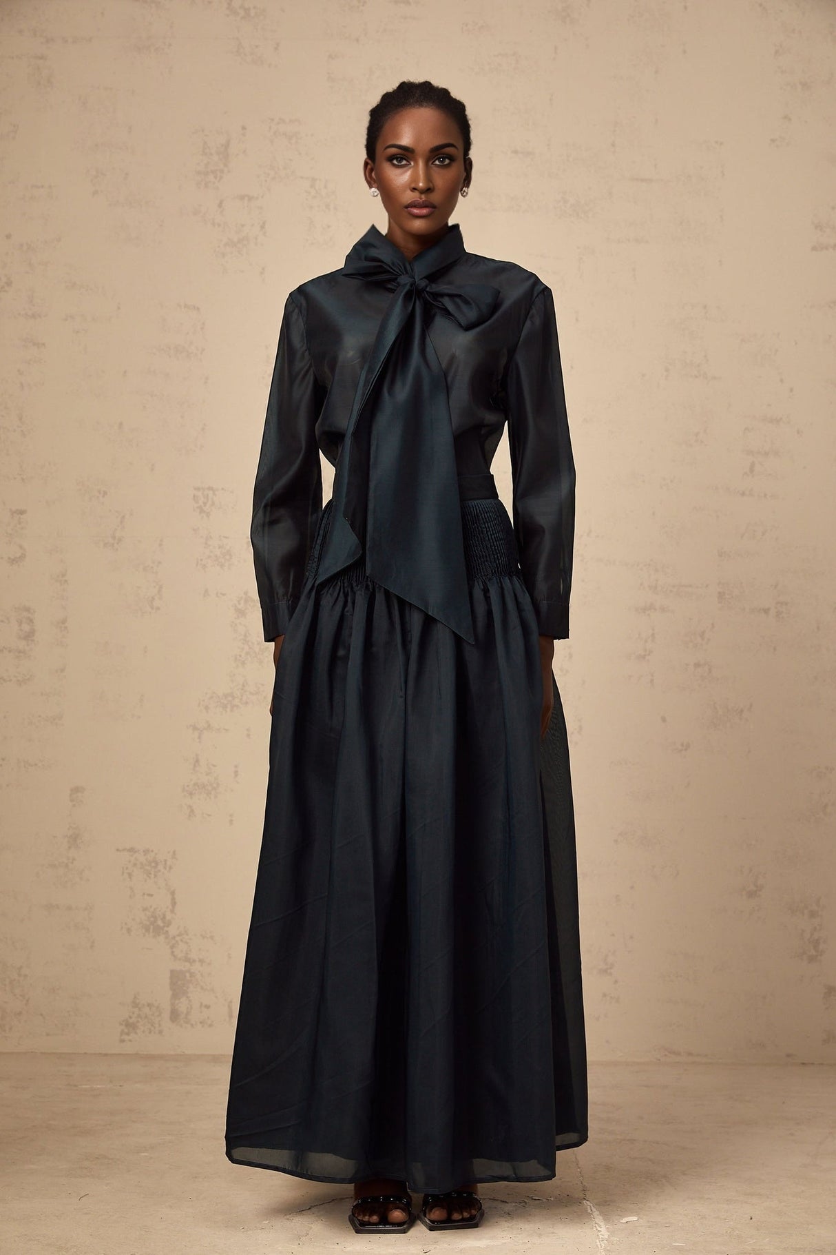 Tessa Shirt & Skirt Ribbon Tie Neck Green Maxi Set