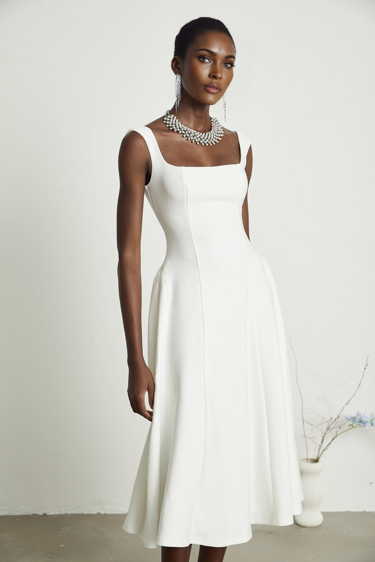Thala White Sleeveless Midi Dress With Square Neck and Pleats