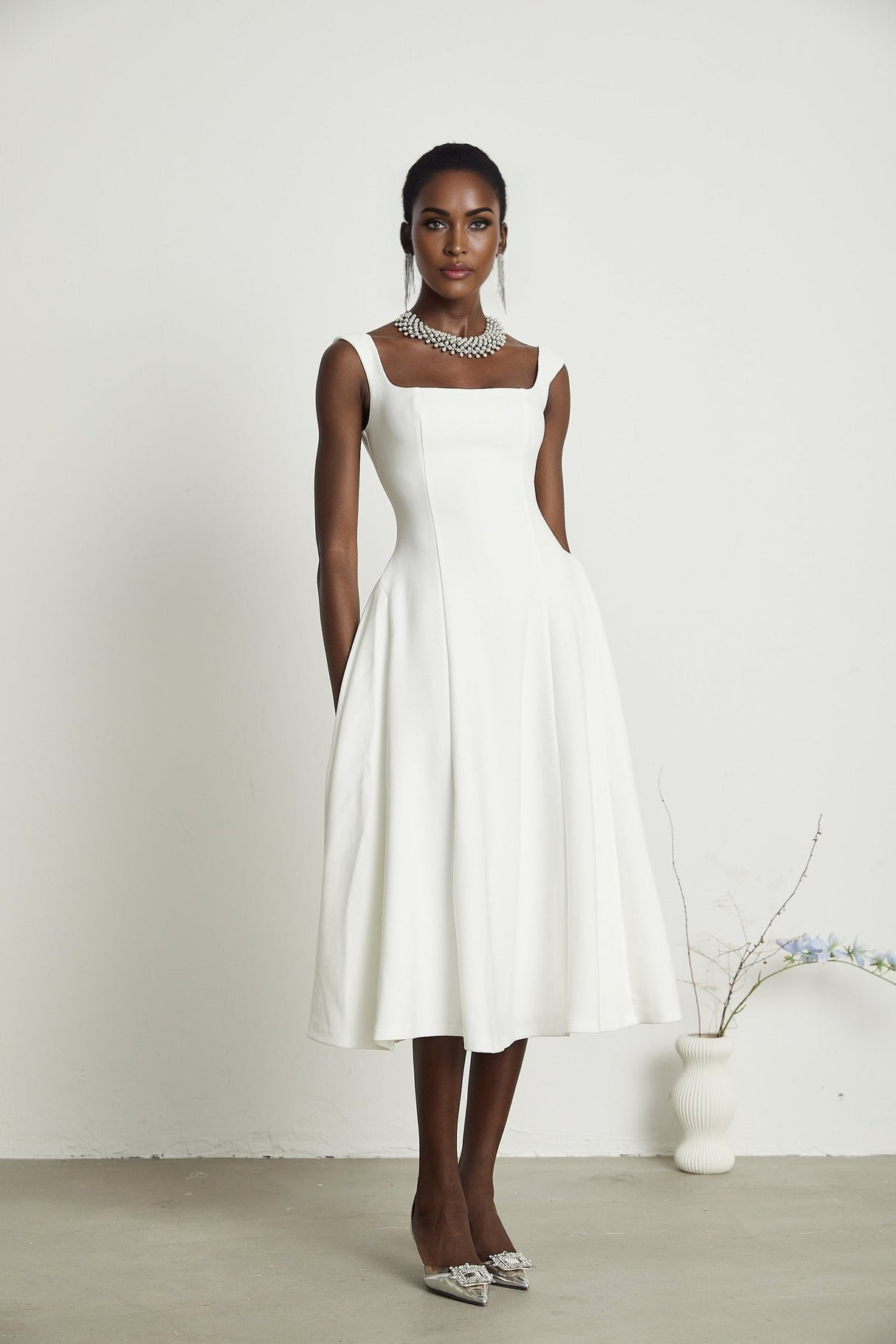 Thala White Sleeveless Midi Dress With Square Neck and Pleats