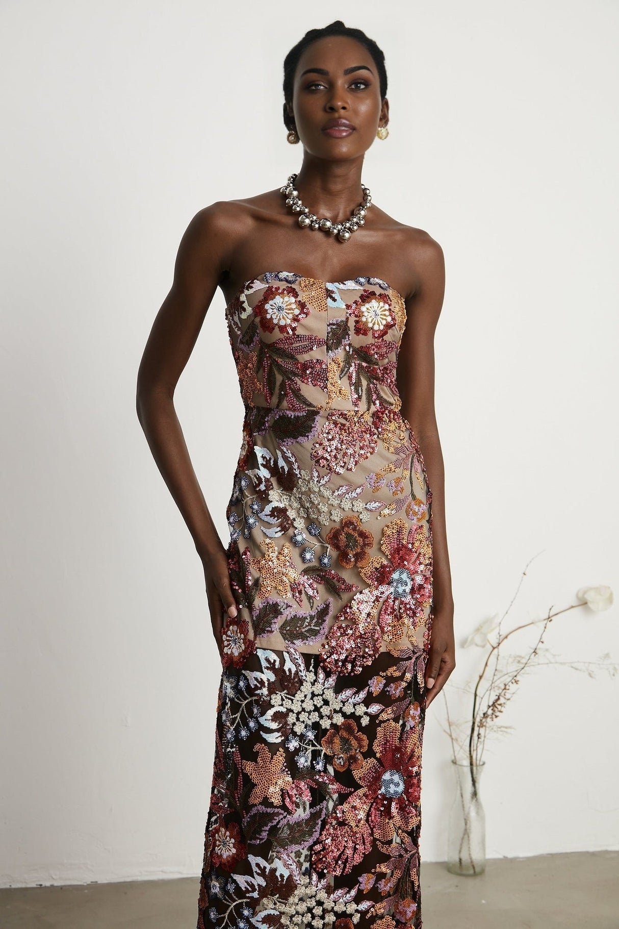 Thérèse Strapless Embroidered Sequin Gown With Floral Motif