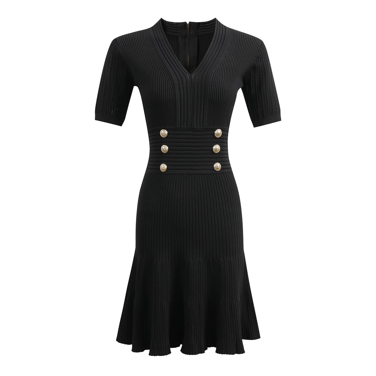 Tiana Dress - Fitted Silhouette - Flared Hemline - Ribbed Texture - V - Neckline - Gold Button Details