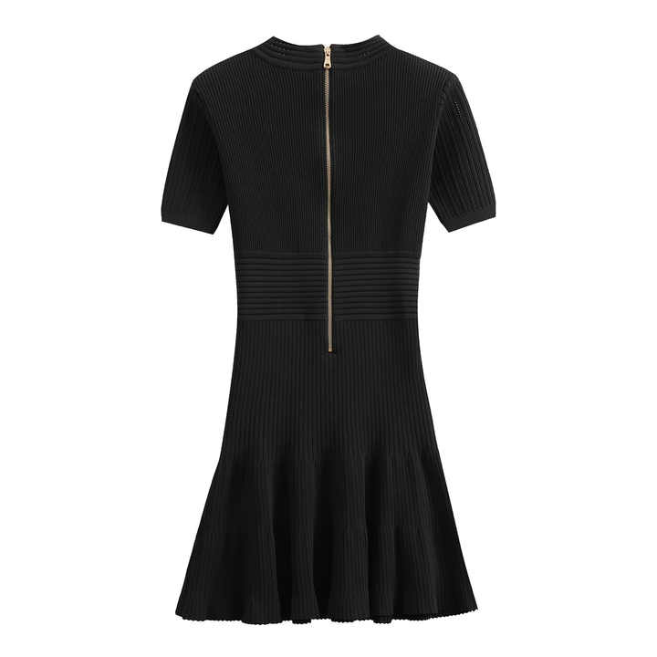 Tiana Dress - Fitted Silhouette - Flared Hemline - Ribbed Texture - V - Neckline - Gold Button Details