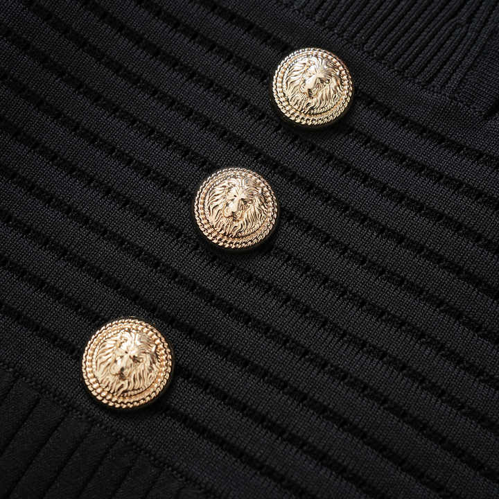 Tiana Dress - Fitted Silhouette - Flared Hemline - Ribbed Texture - V - Neckline - Gold Button Details