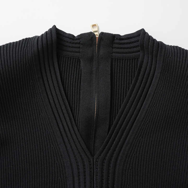 Tiana Dress - Fitted Silhouette - Flared Hemline - Ribbed Texture - V - Neckline - Gold Button Details