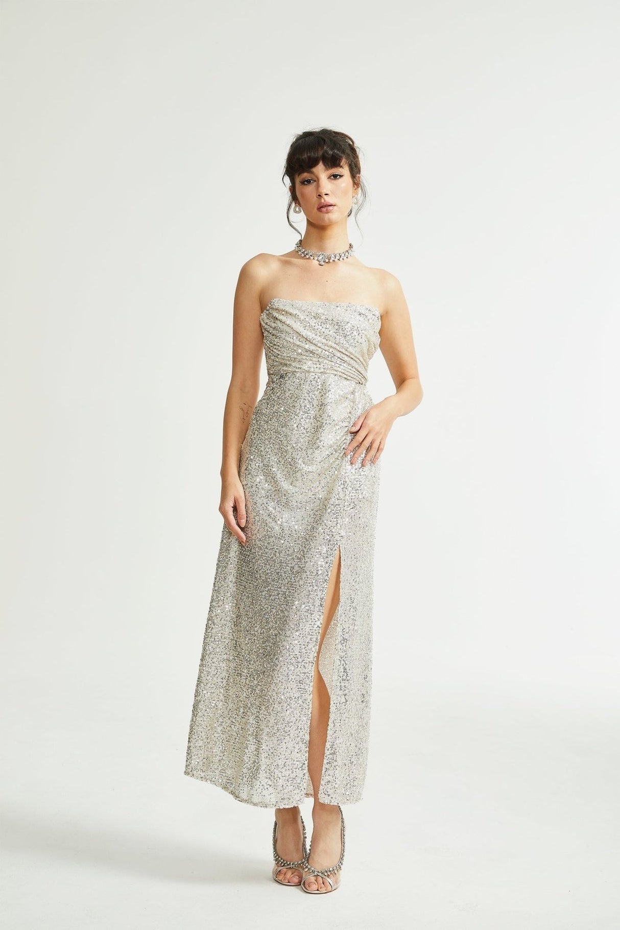 Tiana Dress Silver Sequin Off - Shoulder Midi