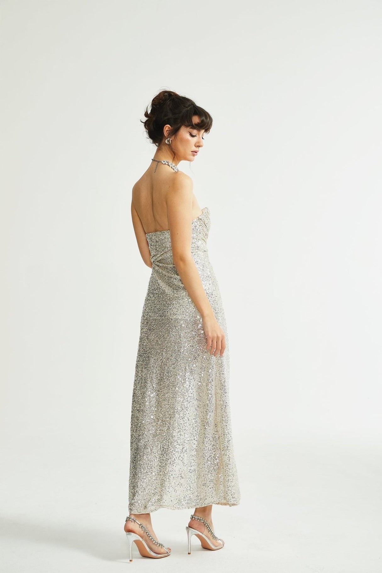 Tiana Dress Silver Sequin Off - Shoulder Midi