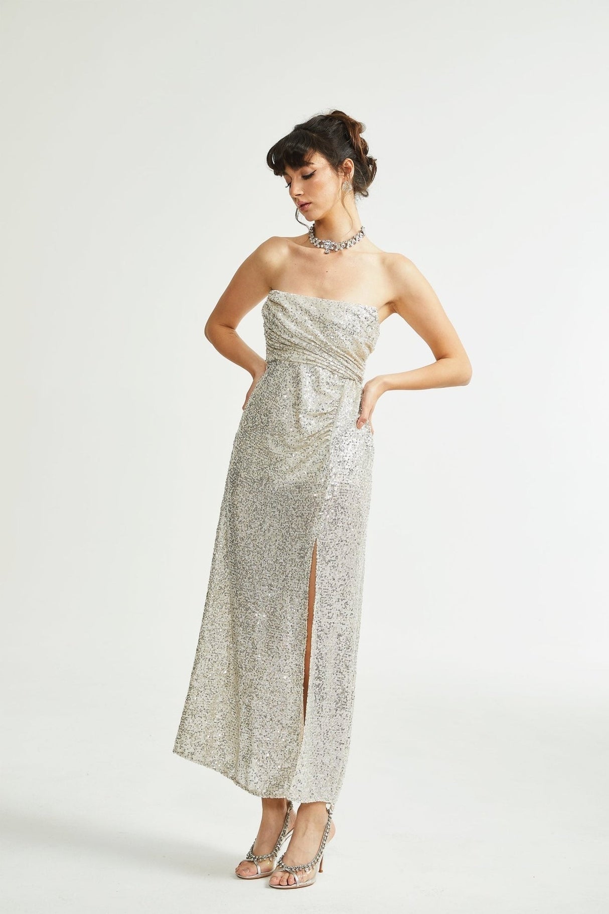 Tiana Dress Silver Sequin Off - Shoulder Midi