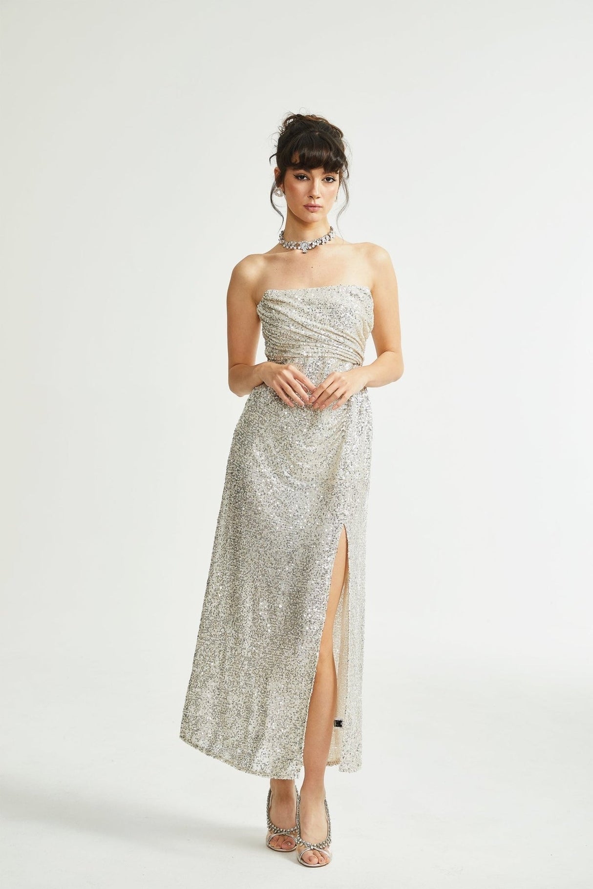 Tiana Dress Silver Sequin Off - Shoulder Midi