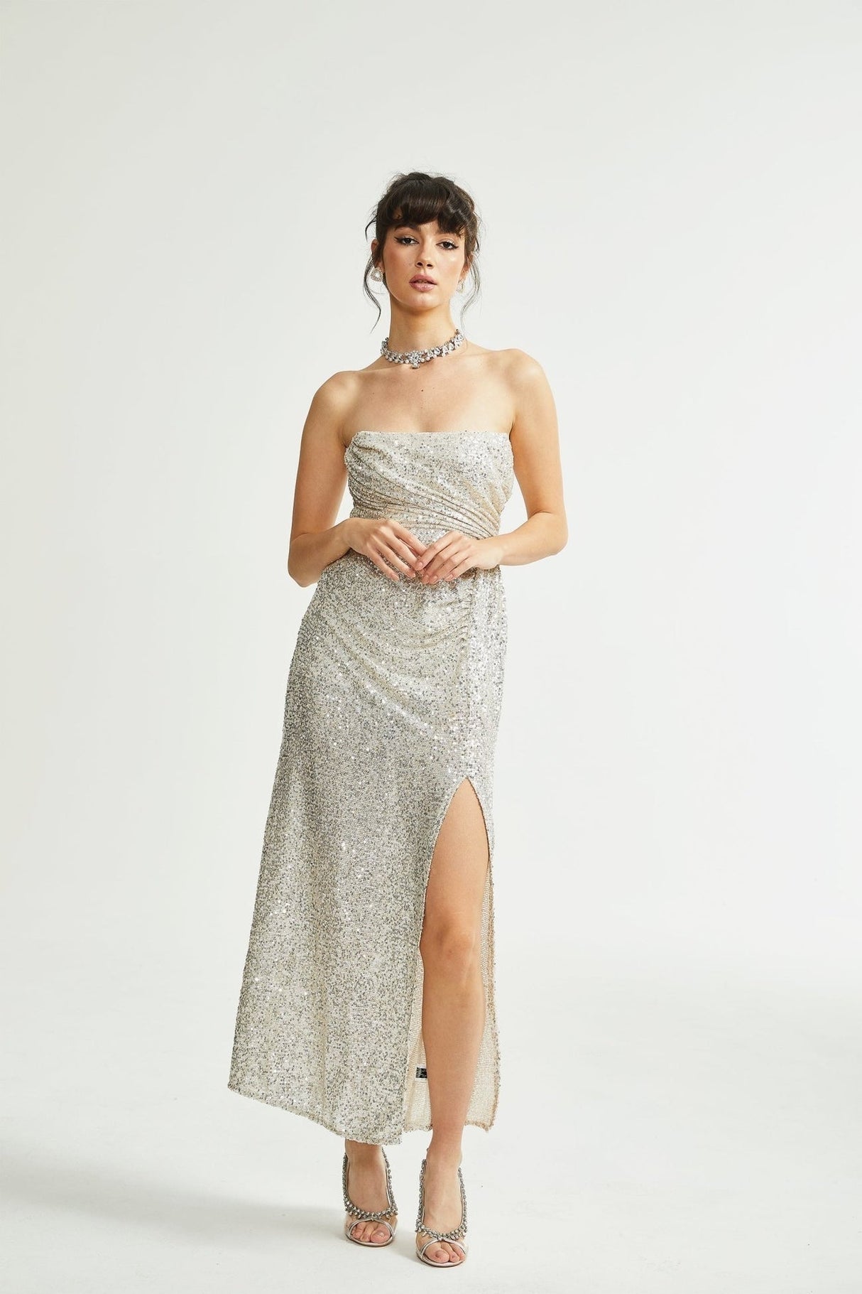 Tiana Dress Silver Sequin Off - Shoulder Midi