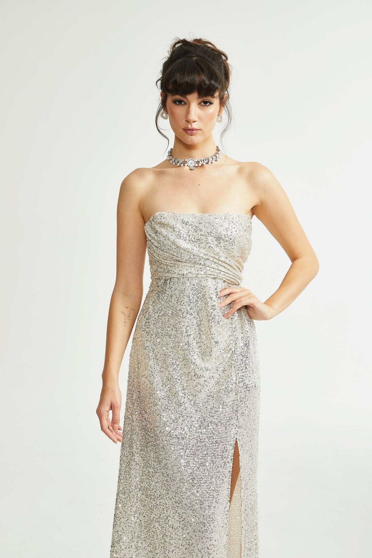 Tiana Dress Silver Sequin Off - Shoulder Midi