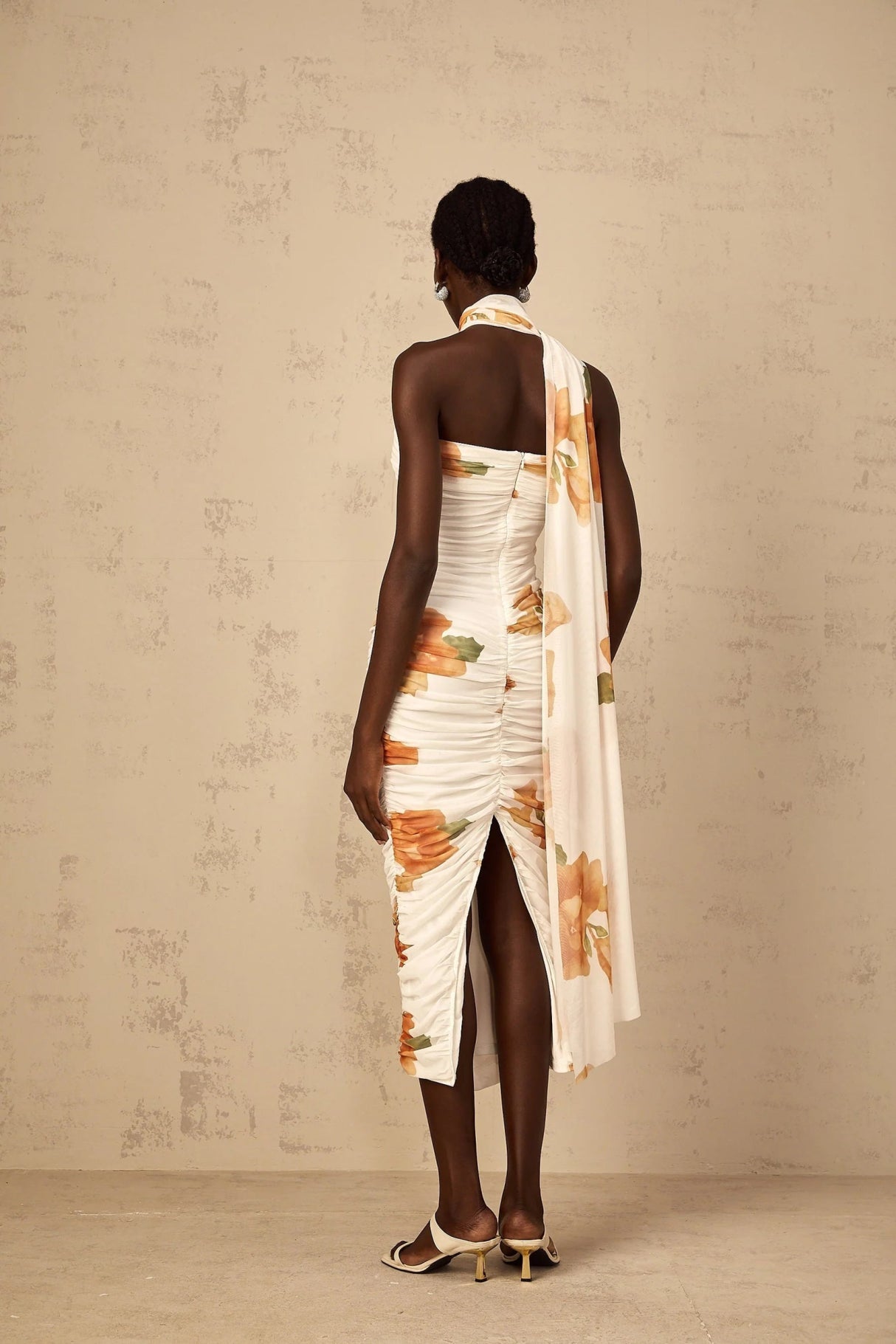 Tiana Midi Dress White Floral Ruched Tulle Off - Shoulder Slit Calf - Length